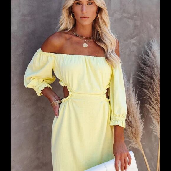 SKYLAR ROSE Linen Blend Cutout Off Shoulders Butter Yellow mini dress L - Picture 3 of 6